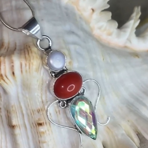 Red Coral + Biwa Pearl + Rainbow Mystic Topaz handcrafted pendant - Picture 1 of 9